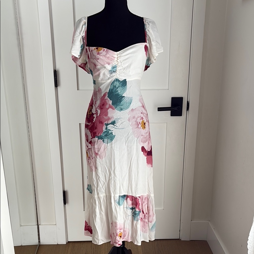 Floral White Dress with Pink and Green Accents